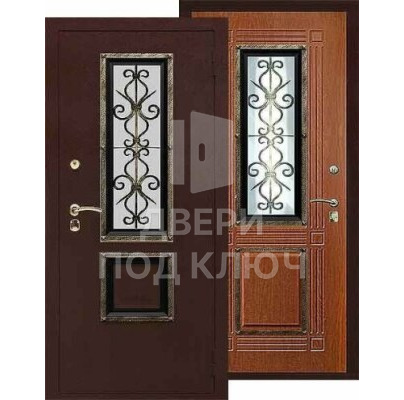 Однопольная металлическая входная уличная дверь со стеклом и элементами ковки ДПК-11486